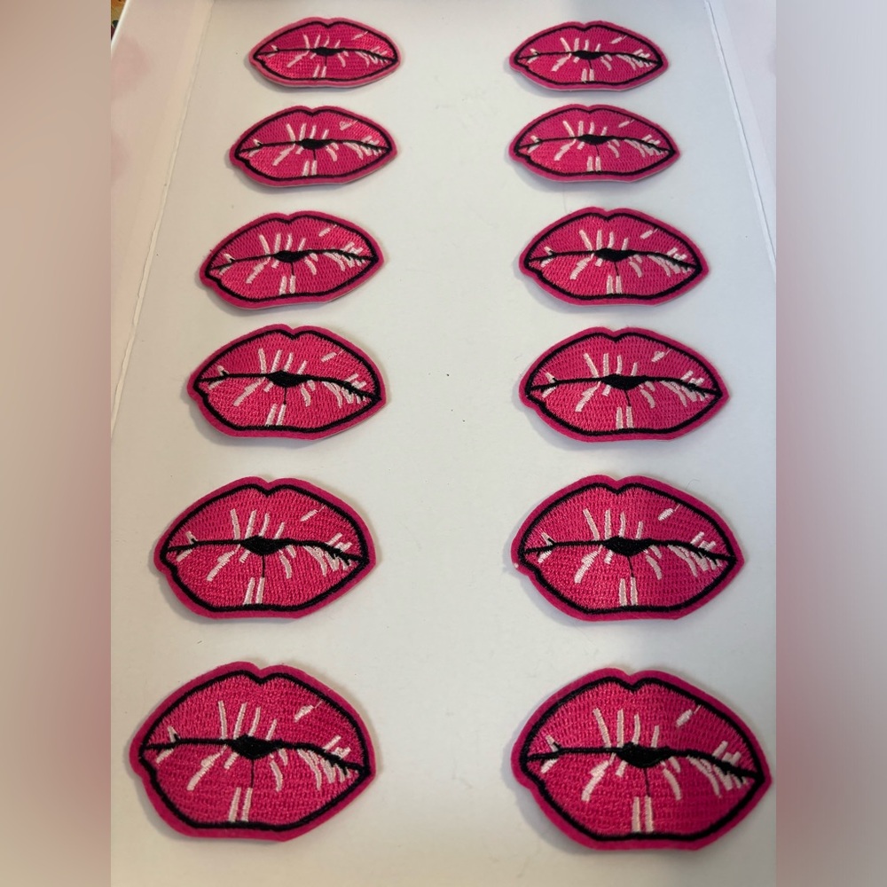 Set of 12 Pink Kiss Lips Iron On Patches